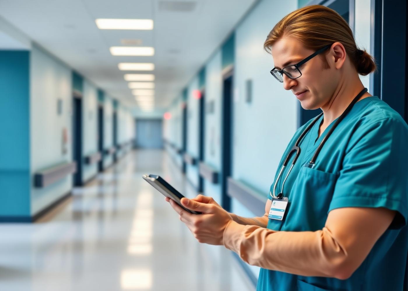Healthcare professional reviewing facility operations data on a tablet